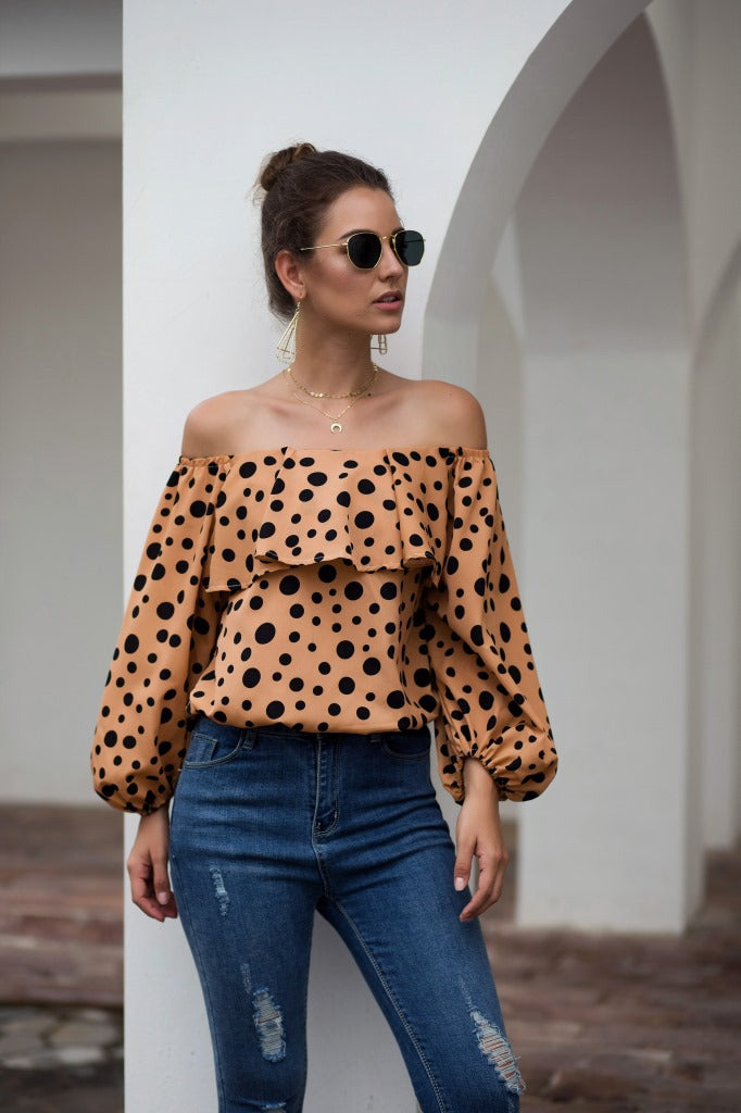 Women Sexy Off The Shoulder Puff Sleeve Polka Dot Shirt Top