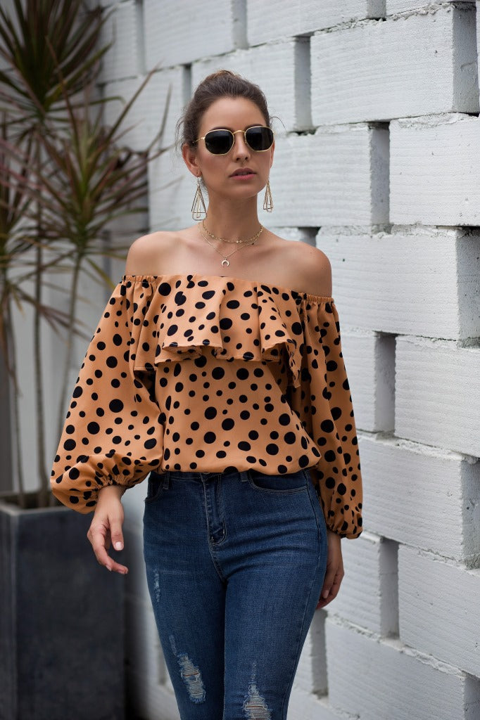 Women Sexy Off The Shoulder Puff Sleeve Polka Dot Shirt Top