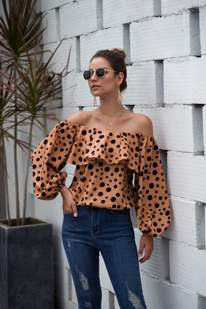 Women Sexy Off The Shoulder Puff Sleeve Polka Dot Shirt Top