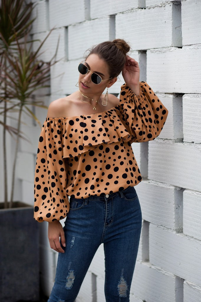 Women Sexy Off The Shoulder Puff Sleeve Polka Dot Shirt Top