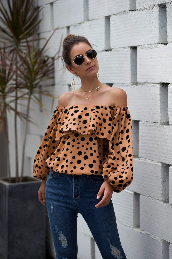 Women Sexy Off The Shoulder Puff Sleeve Polka Dot Shirt Top