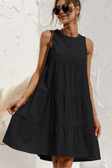 Round Neck Solid Ruched Sleeveless Mini Dress