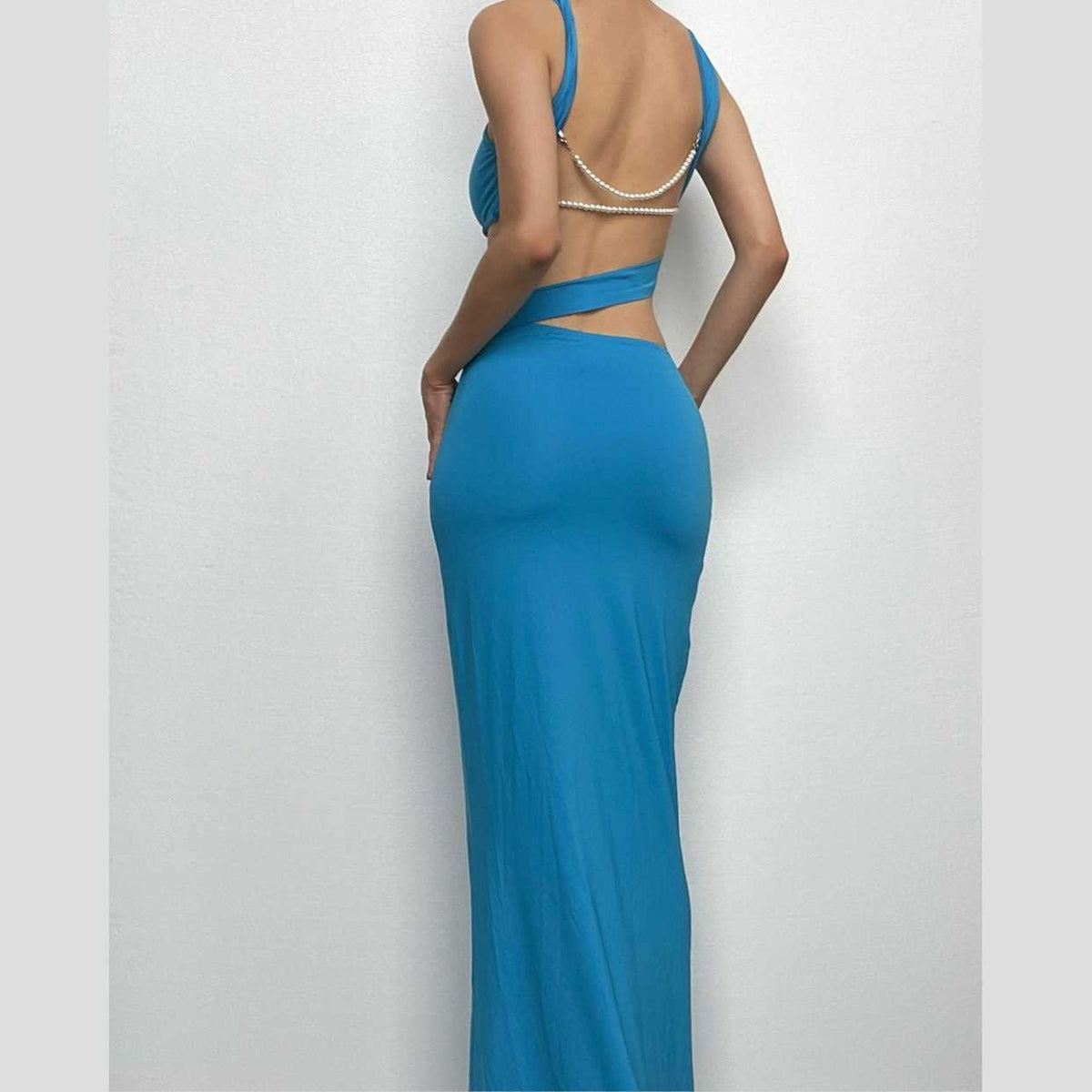 Backless hollow out o ring pearl chain solid maxi dress