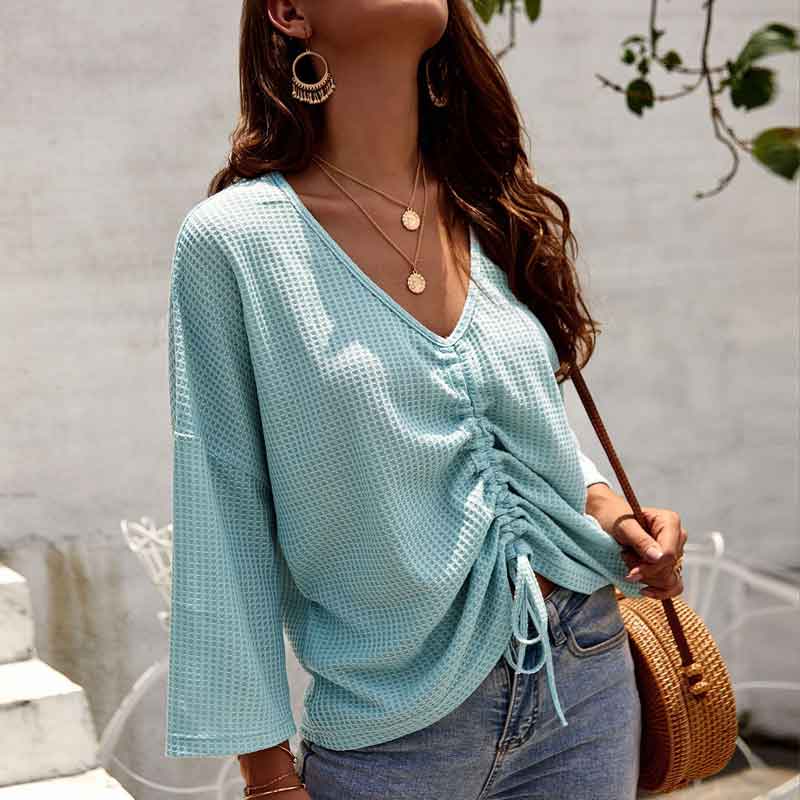 Women's Deep V Neck Loose Pleated Long Sleeve Sweater