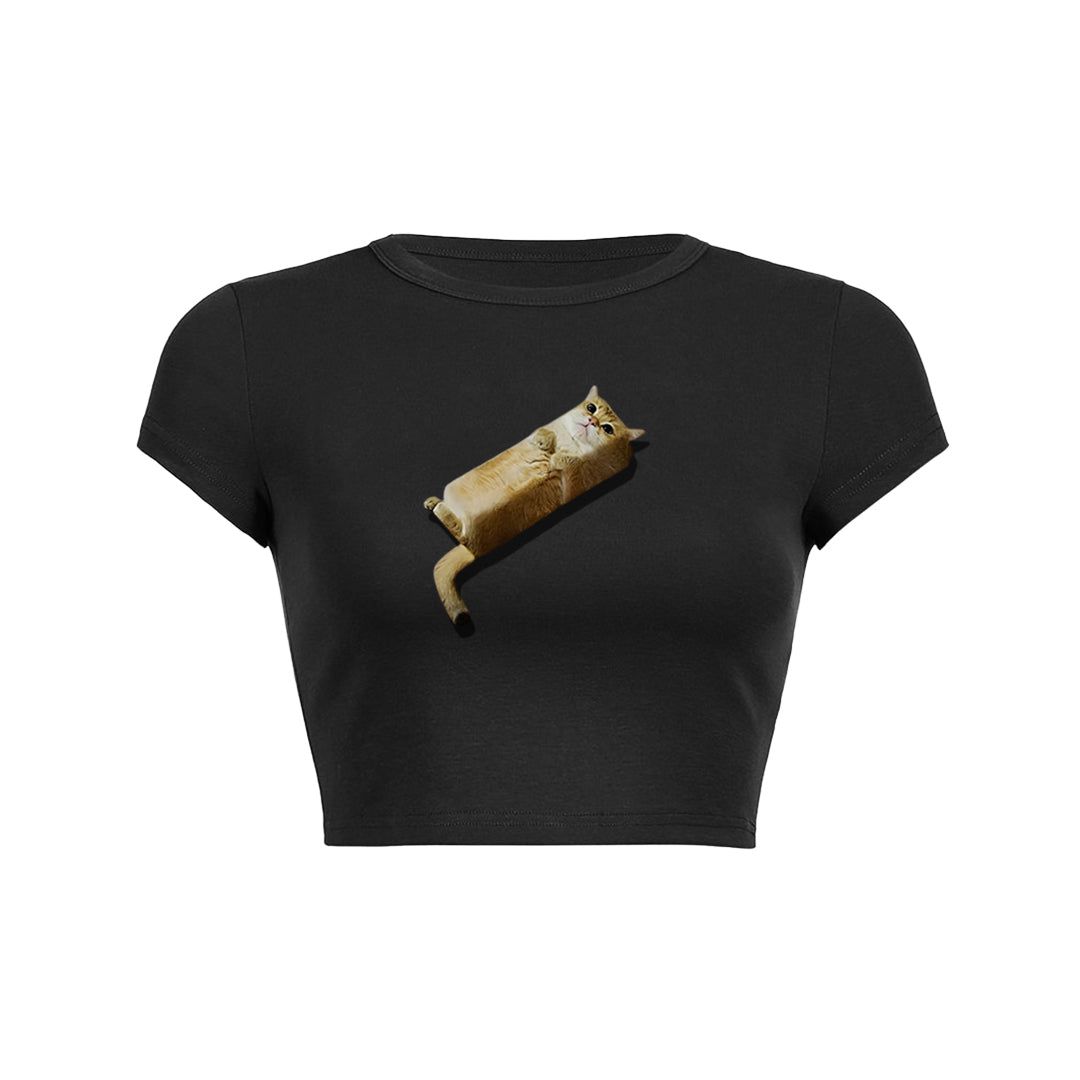 Bread cat print crop top baby tee