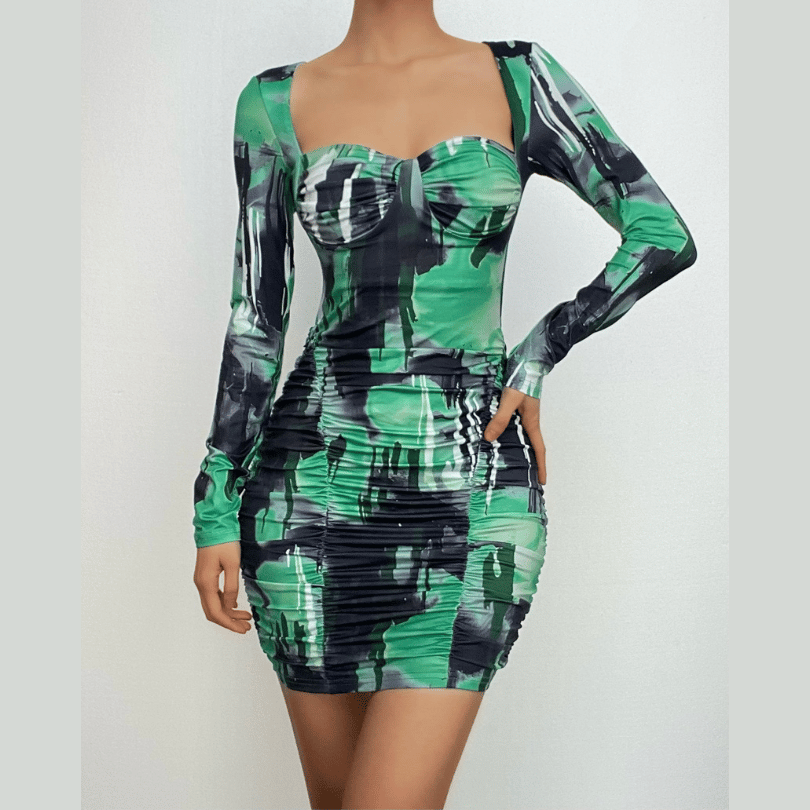 Ruched contrast print long sleeve sweetheart neck mini dress