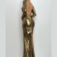 Metallic long sleeve backless round neck ruched maxi dress