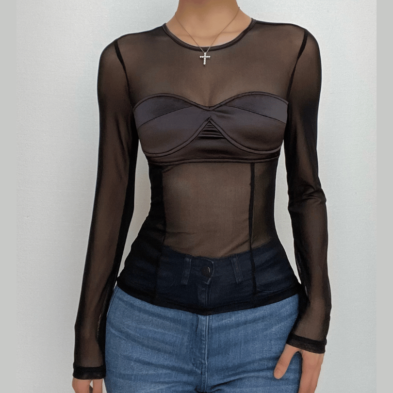 Mesh solid long sleeve corset patchwork crewneck top