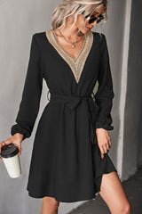 Fashion V Neck Solid Lace Long Sleeve Dress