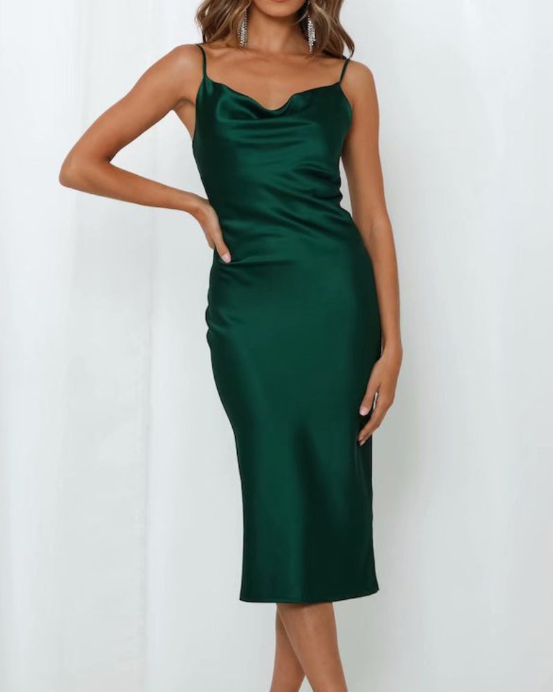 Sling Satin Backless Party Midi Dresses Green