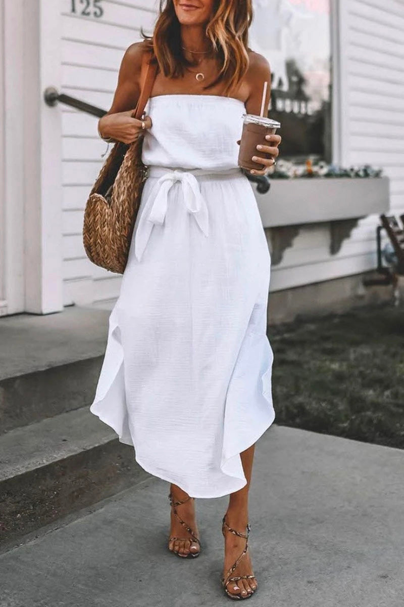 Dew Shoulder White Ankle Length Dress