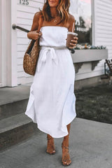 Dew Shoulder White Ankle Length Dress