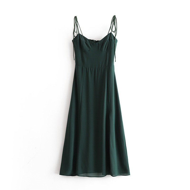 Tie Lace Up Retro Green Split Midi Dresses