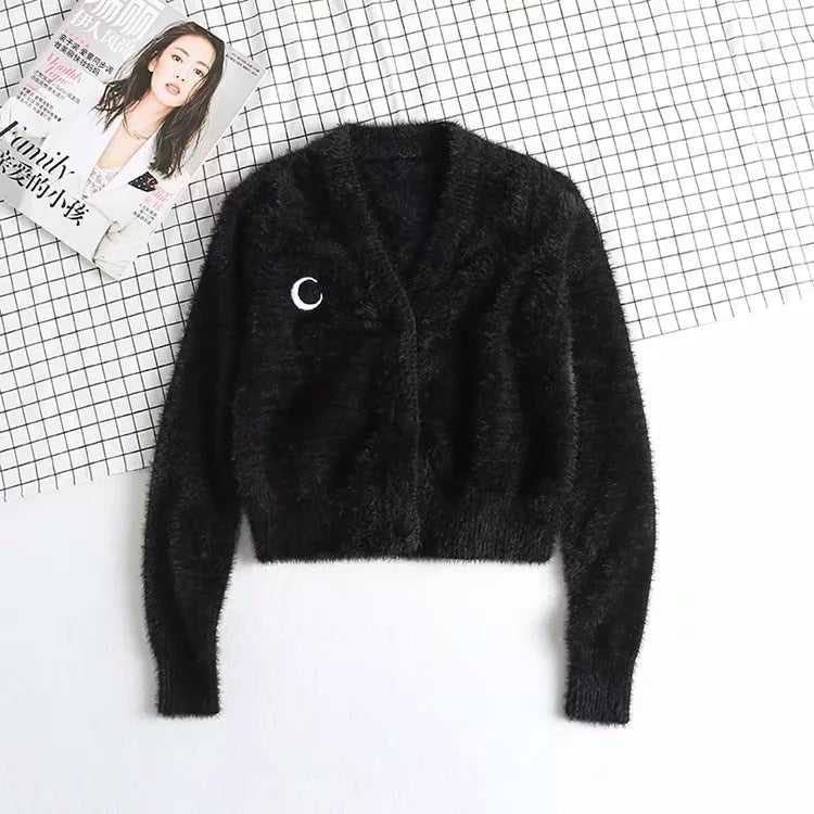V-neck Single-breasted Knit Moon Shape Crop Tops Cardigans