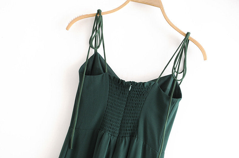 Tie Lace Up Retro Green Split Midi Dresses