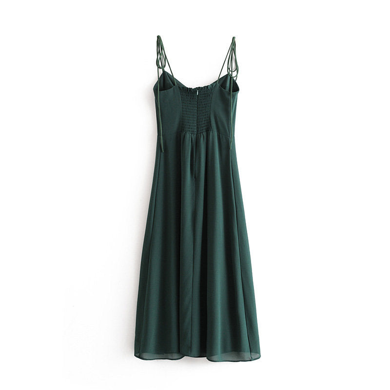 Tie Lace Up Retro Green Split Midi Dresses