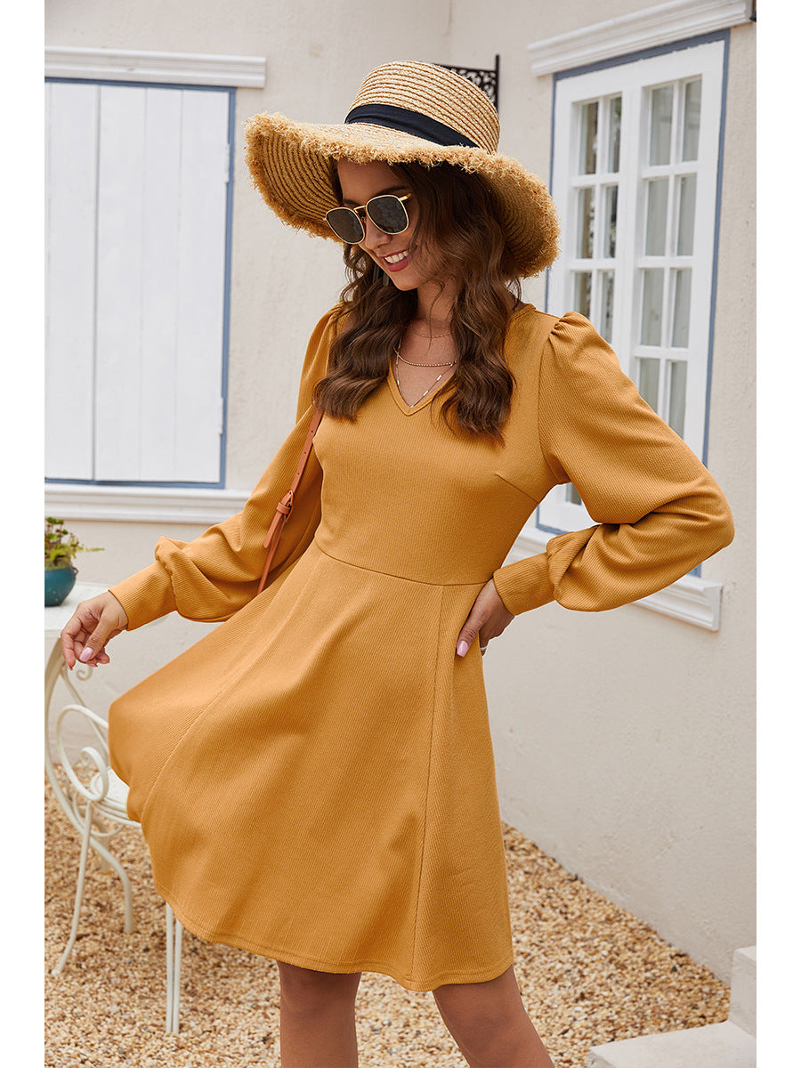 V-neck Long Sleeve Waistband Mini Dress