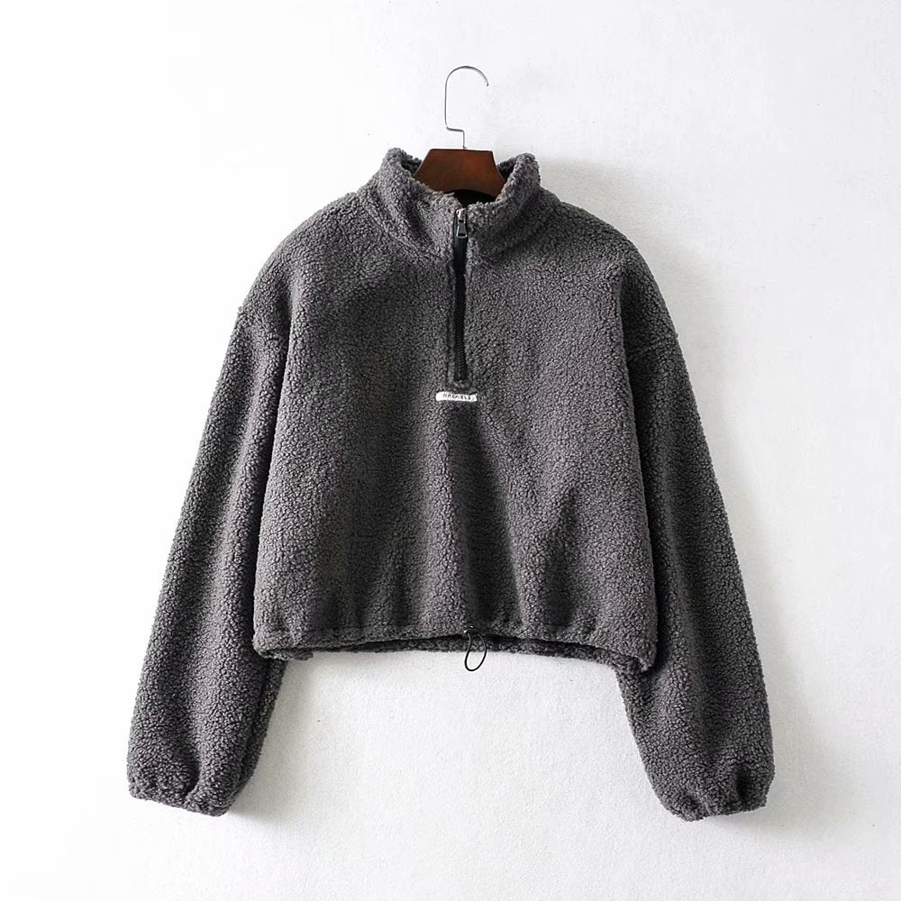 Zipper High Collar Lambswool Drawstring Crops Tops Sweatshirts