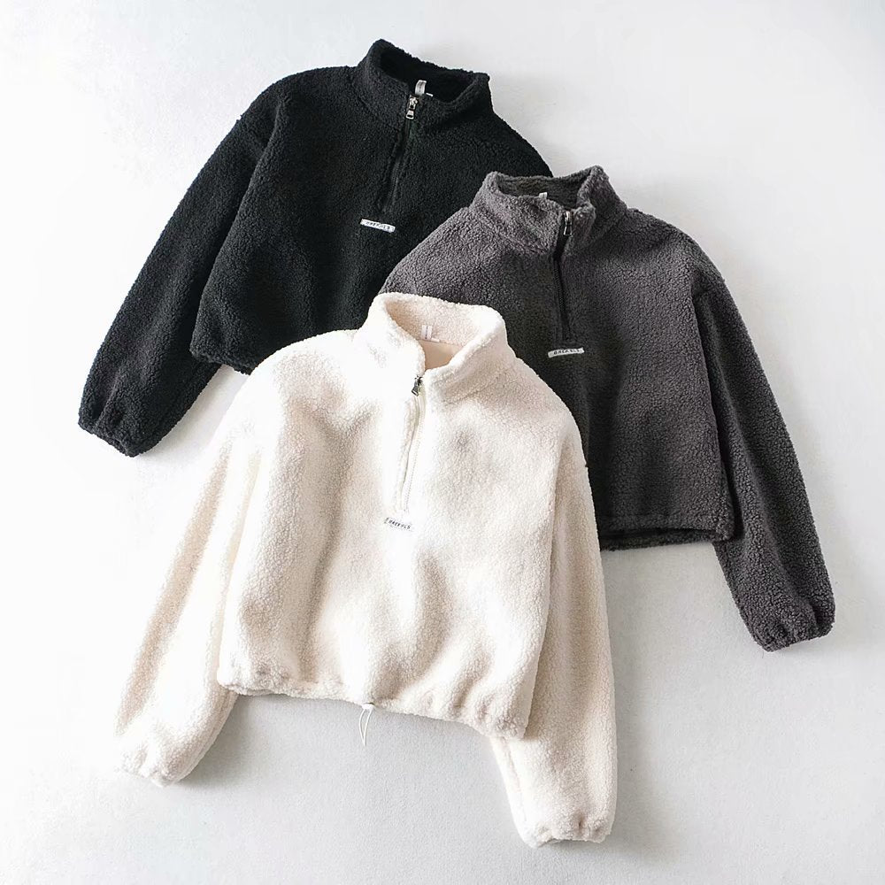 Zipper High Collar Lambswool Drawstring Crops Tops Sweatshirts