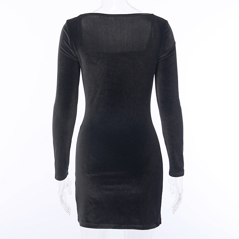 Square Collar Velvet Slit Leg Party Bodycon Mini Dresses Brown