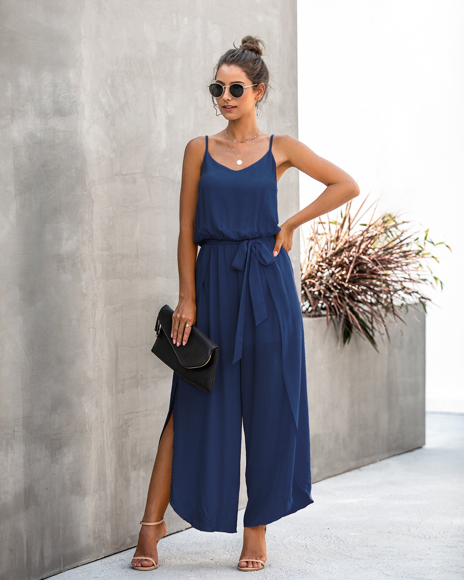 V-neck Suspender Irregular Wide Leg Side Jumpsuit