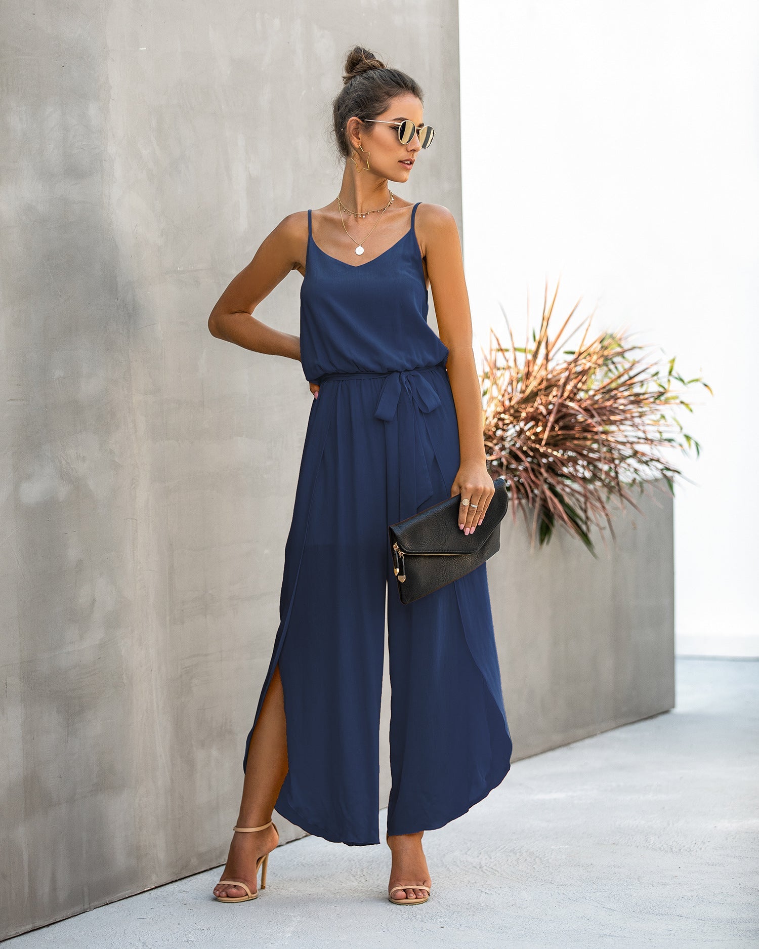 V-neck Suspender Irregular Wide Leg Side Jumpsuit