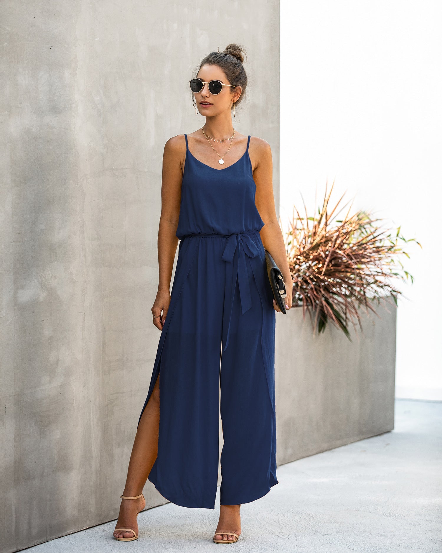 V-neck Suspender Irregular Wide Leg Side Jumpsuit