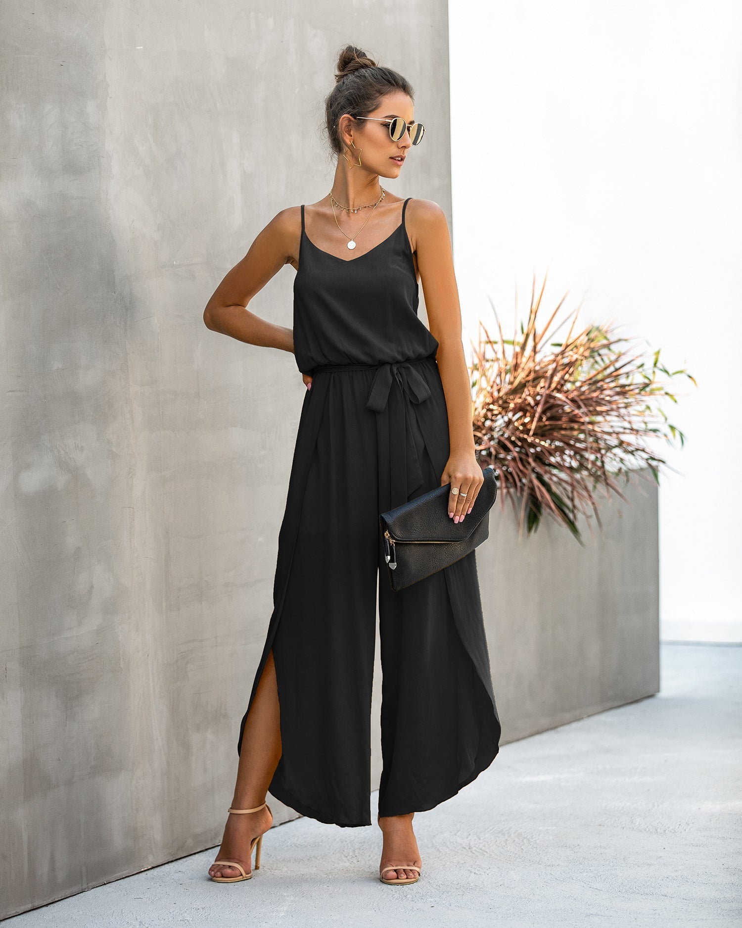 V-neck Suspender Irregular Wide Leg Side Jumpsuit