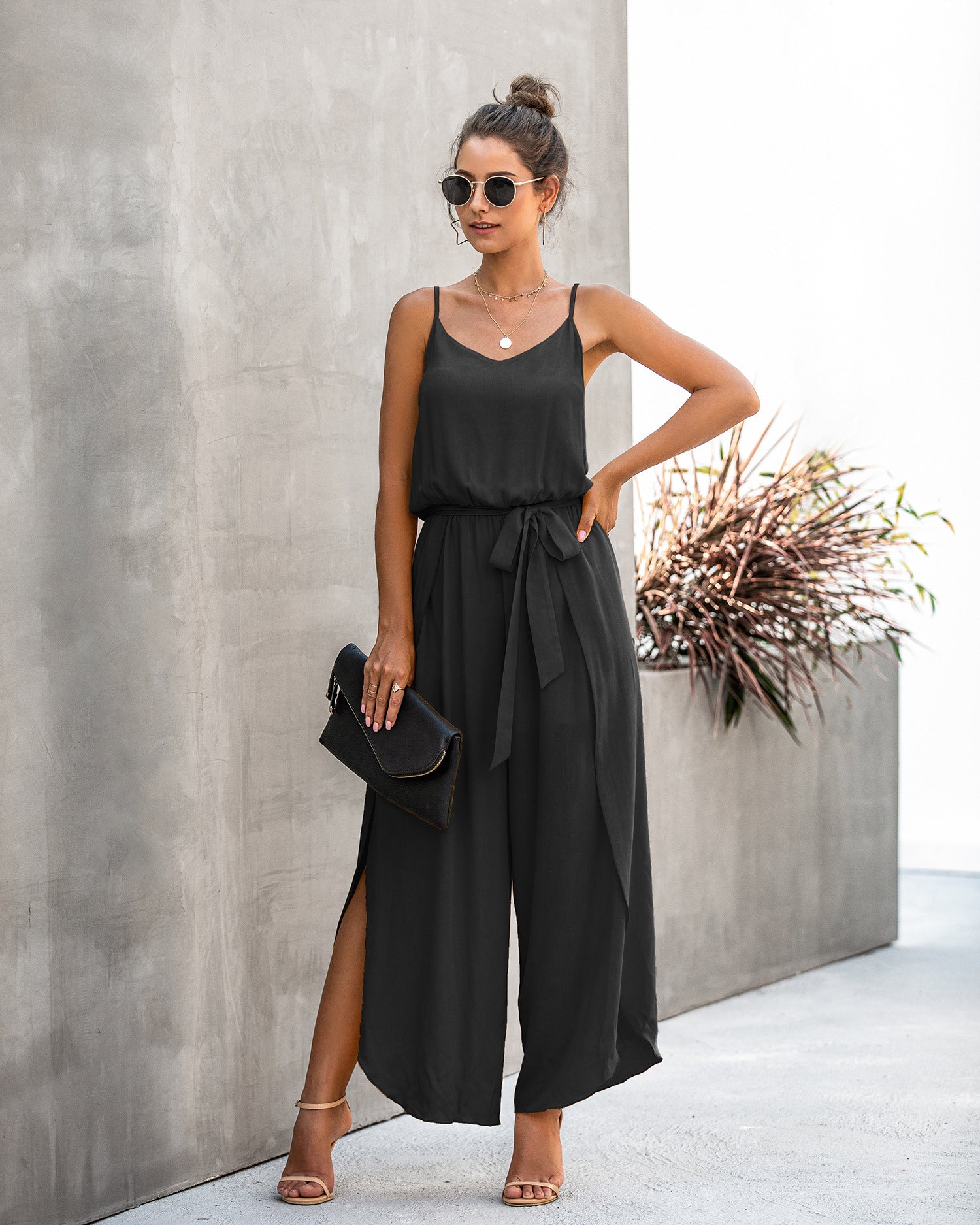 V-neck Suspender Irregular Wide Leg Side Jumpsuit