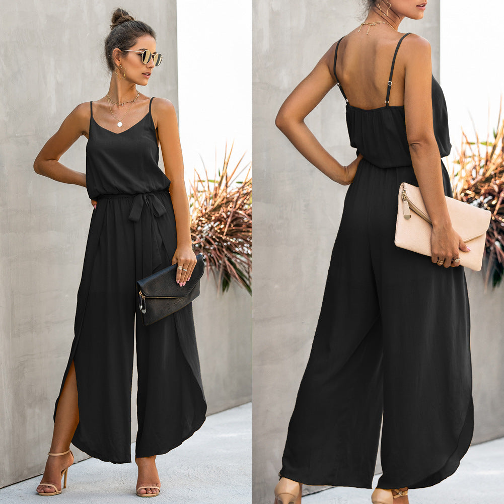 V-neck Suspender Irregular Wide Leg Side Jumpsuit