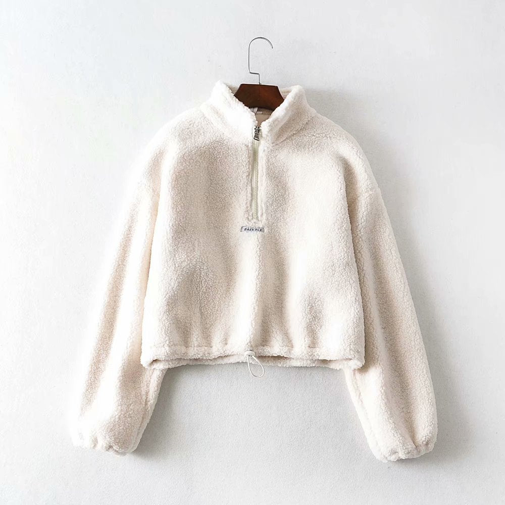 Zipper High Collar Lambswool Drawstring Crops Tops Sweatshirts