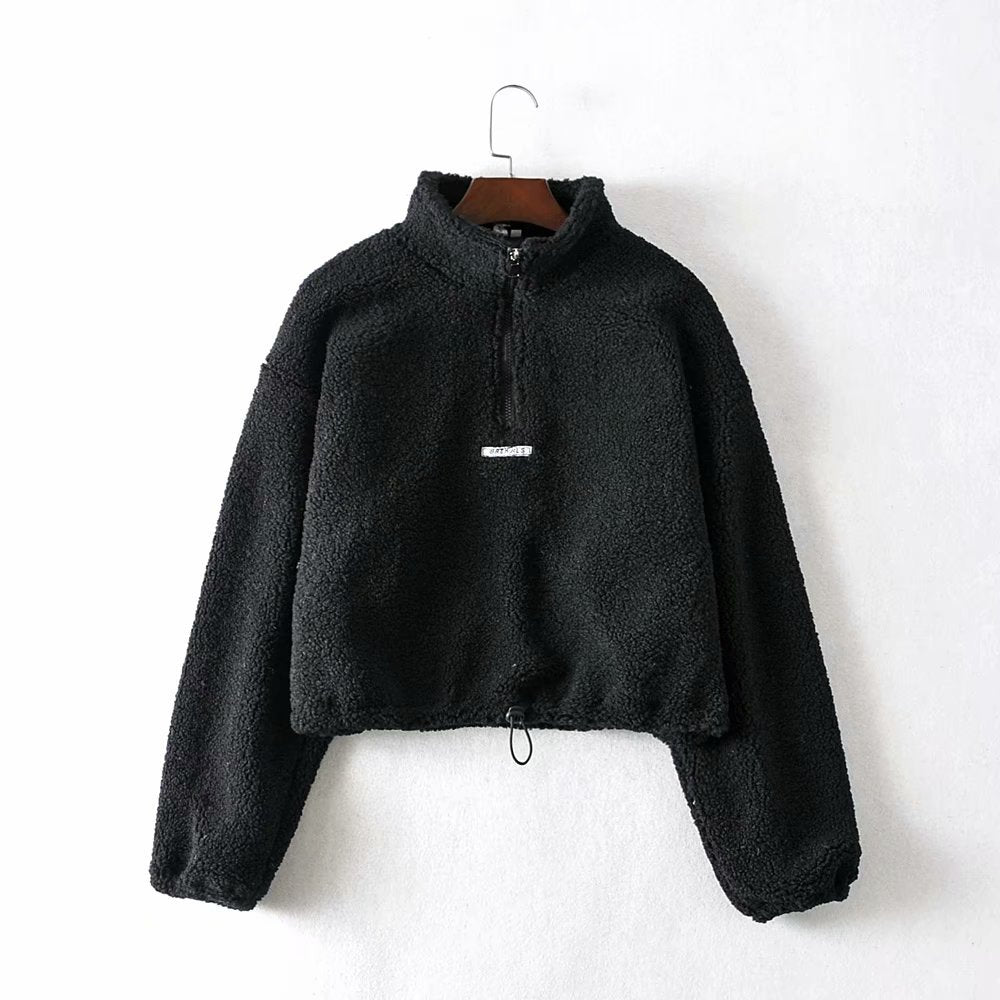 Zipper High Collar Lambswool Drawstring Crops Tops Sweatshirts