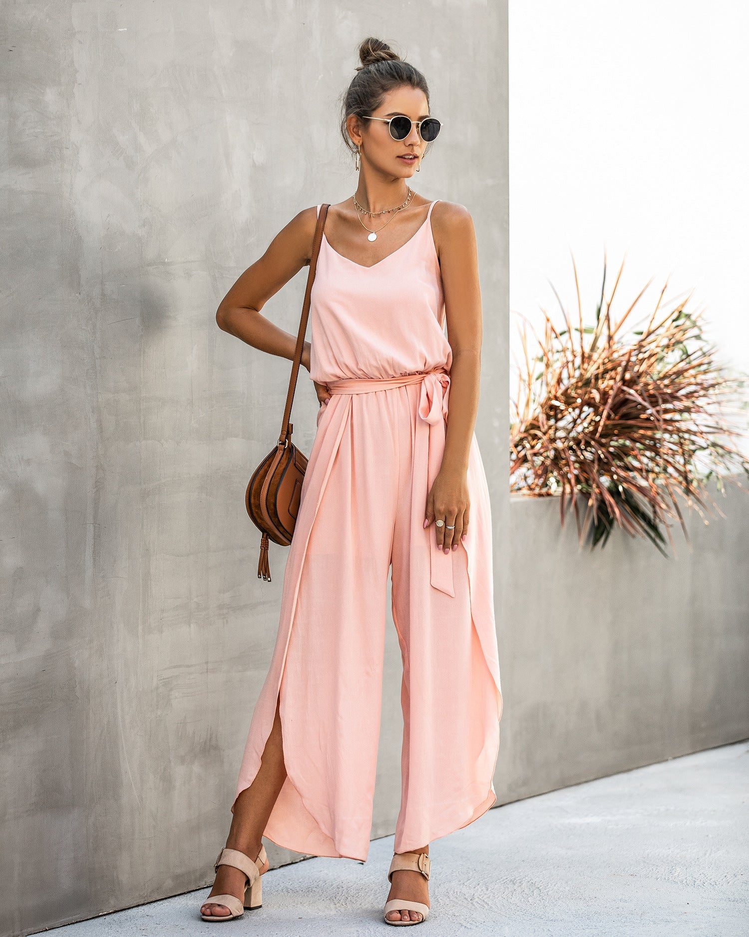 V-neck Suspender Irregular Wide Leg Side Jumpsuit