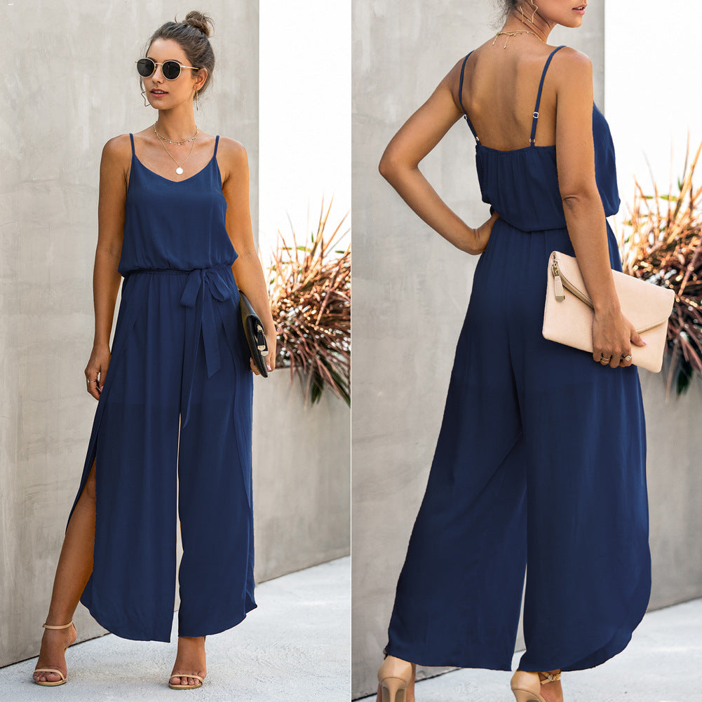 V-neck Suspender Irregular Wide Leg Side Jumpsuit