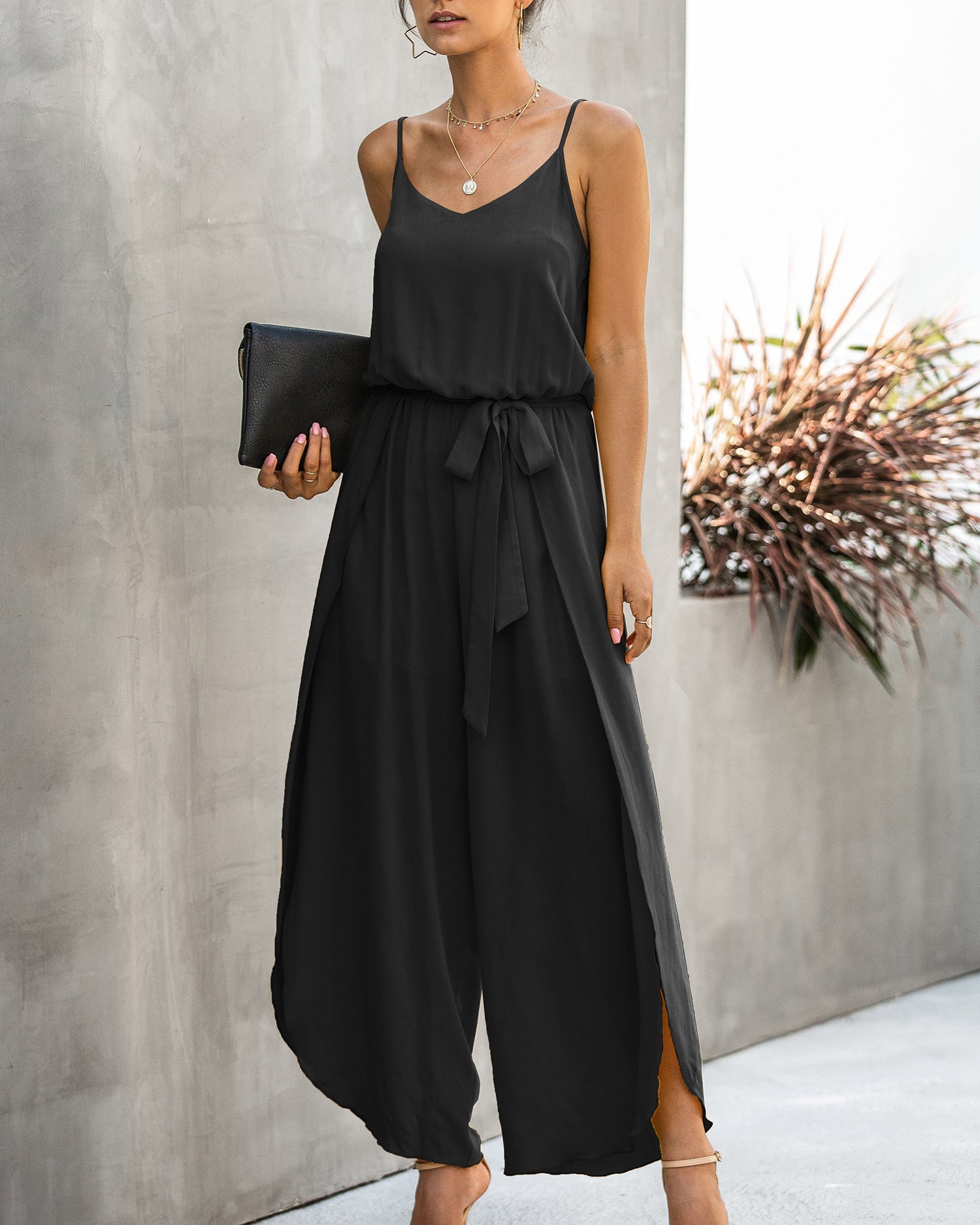 V-neck Suspender Irregular Wide Leg Side Jumpsuit