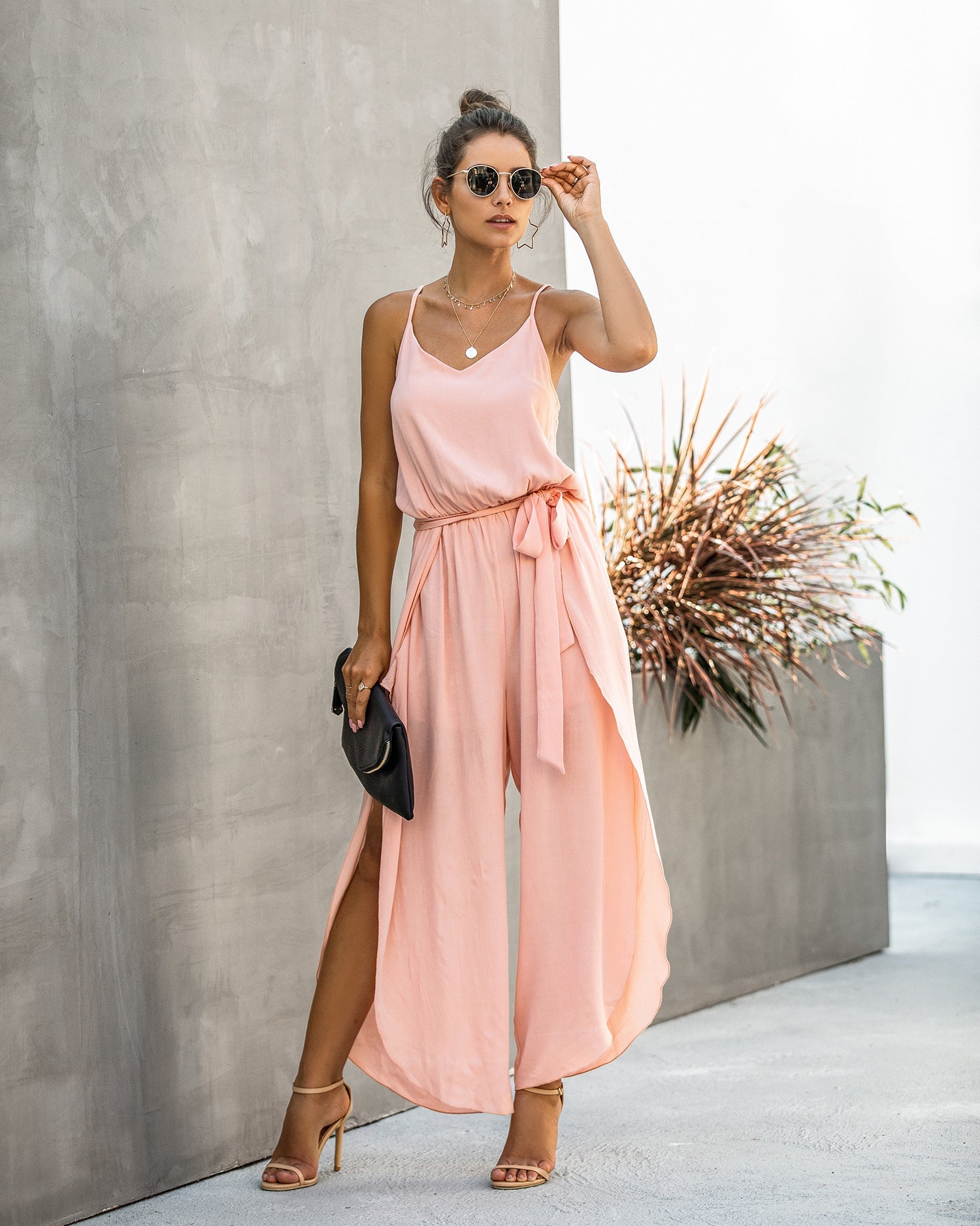 V-neck Suspender Irregular Wide Leg Side Jumpsuit
