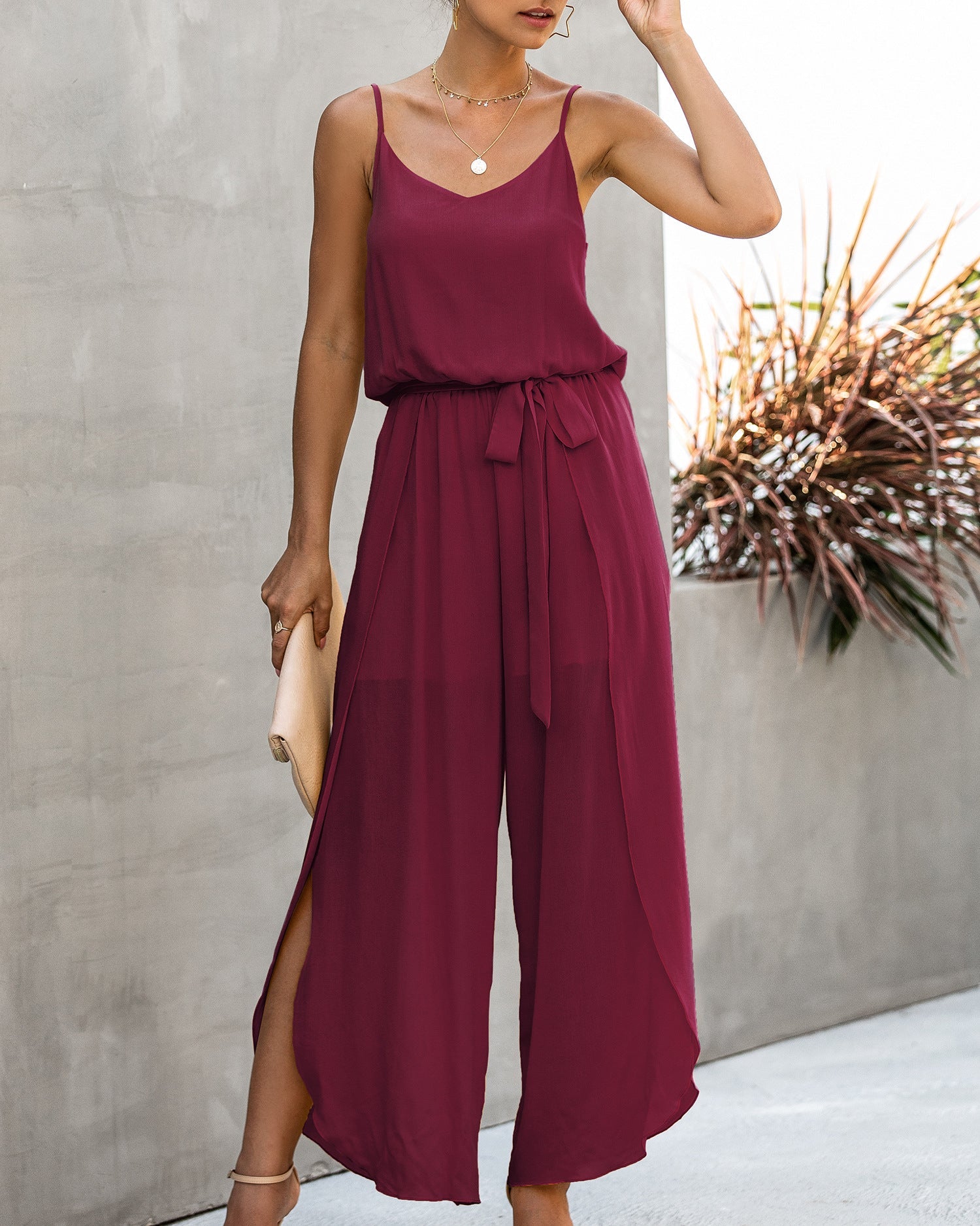 V-neck Suspender Irregular Wide Leg Side Jumpsuit
