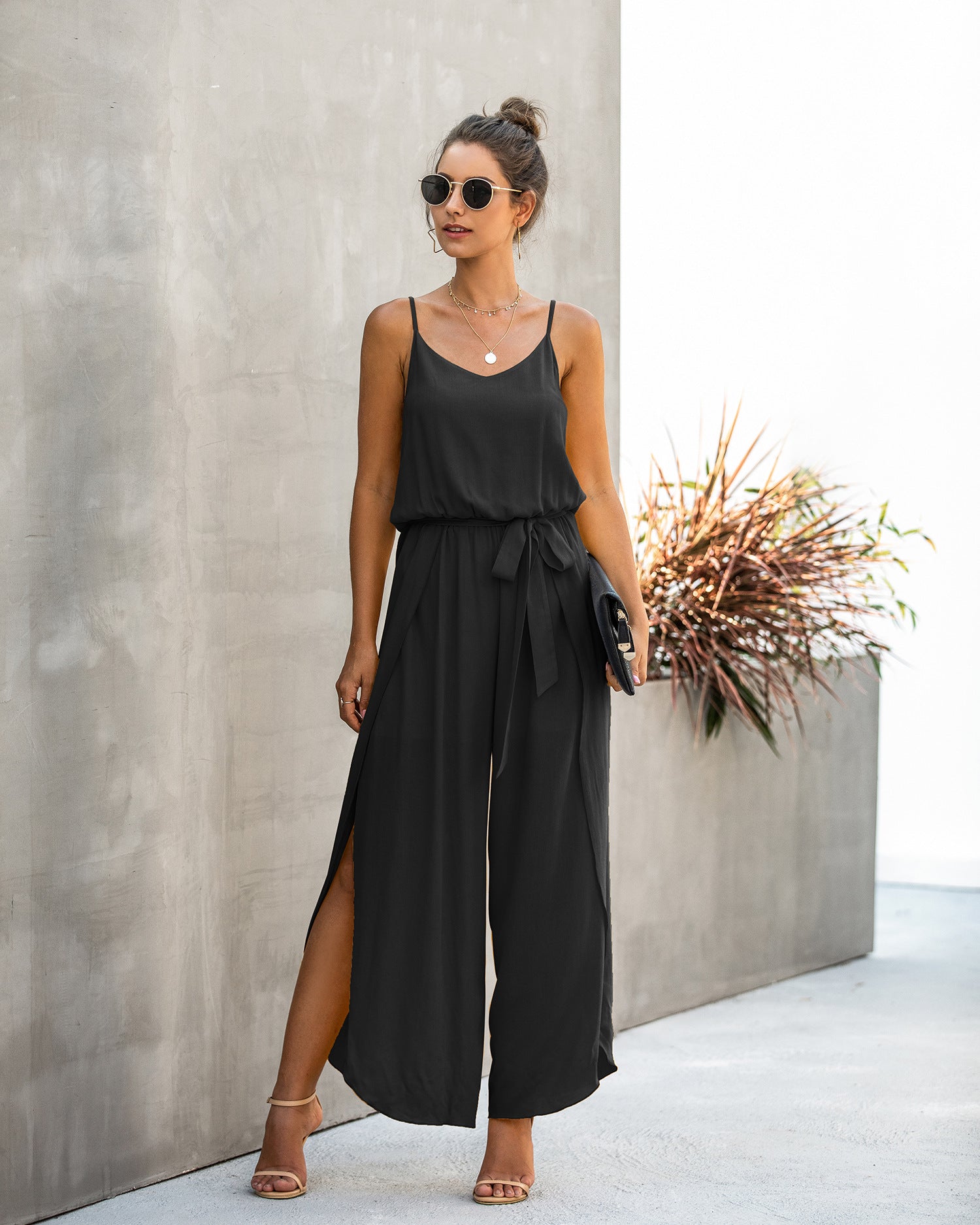 V-neck Suspender Irregular Wide Leg Side Jumpsuit