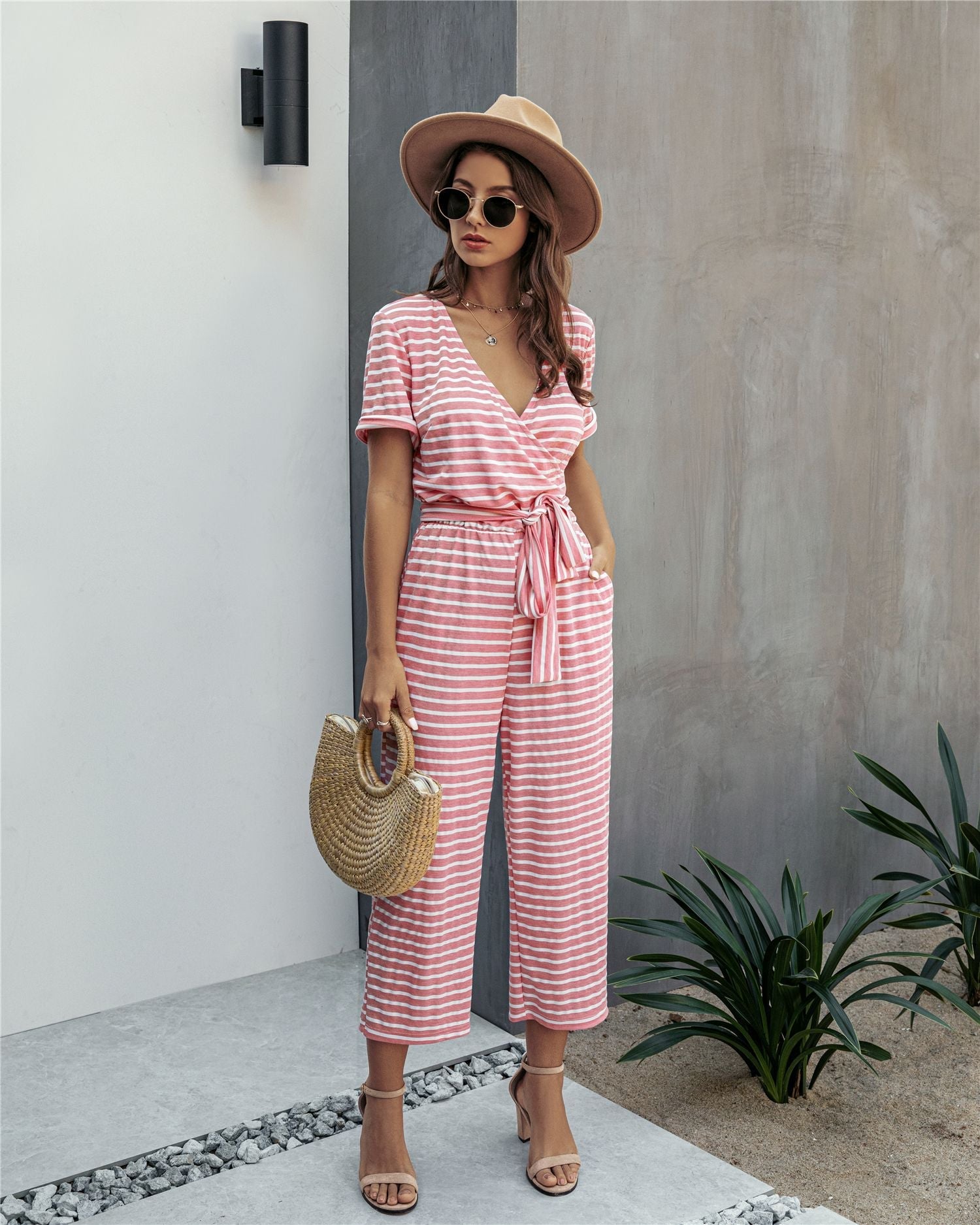 Stripe Print Tie Waisted Pocket Jumpsuit