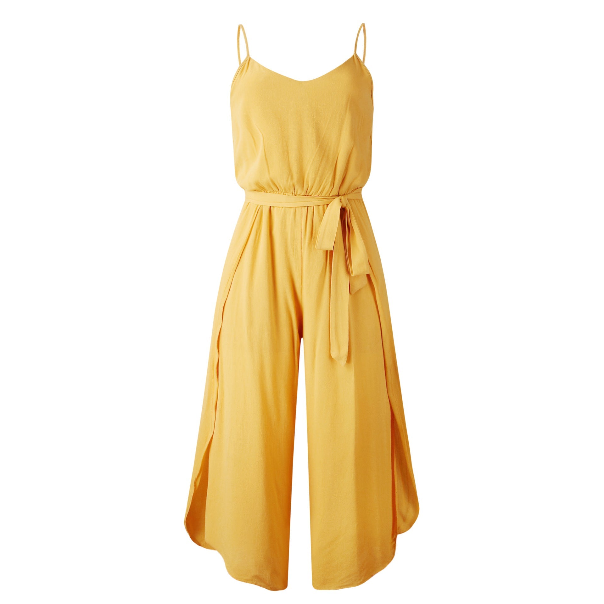 V-neck Suspender Irregular Wide Leg Side Jumpsuit