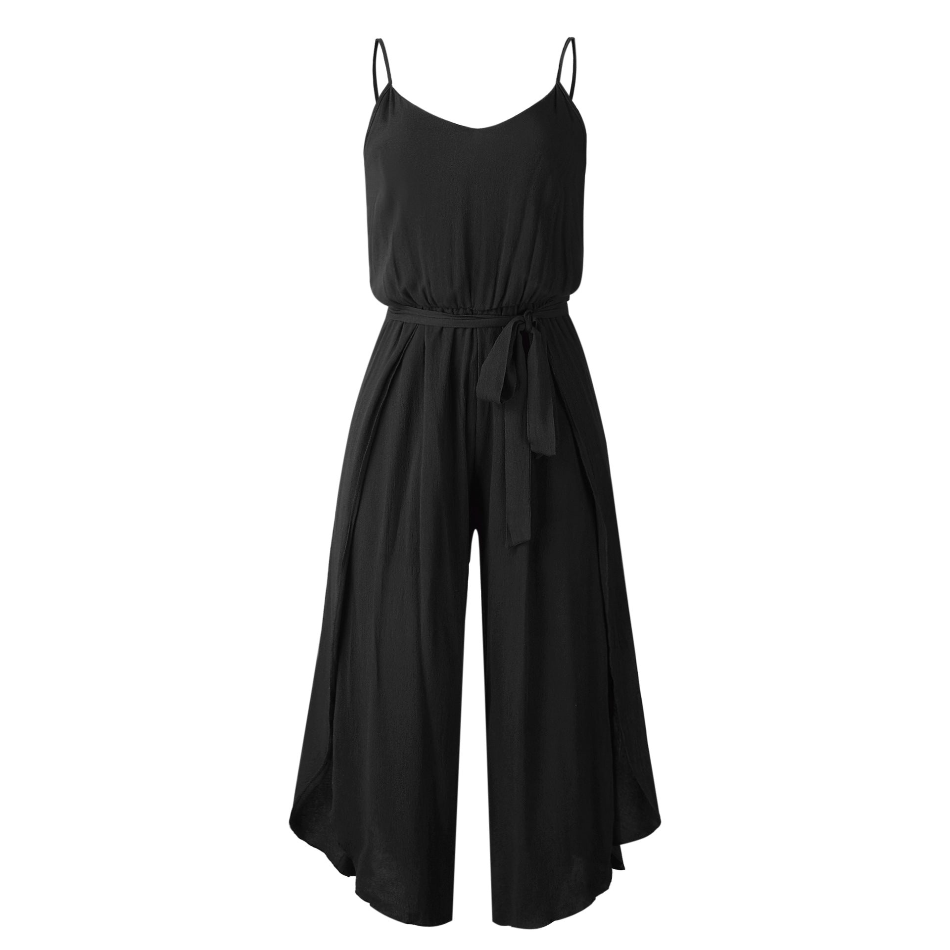 V-neck Suspender Irregular Wide Leg Side Jumpsuit