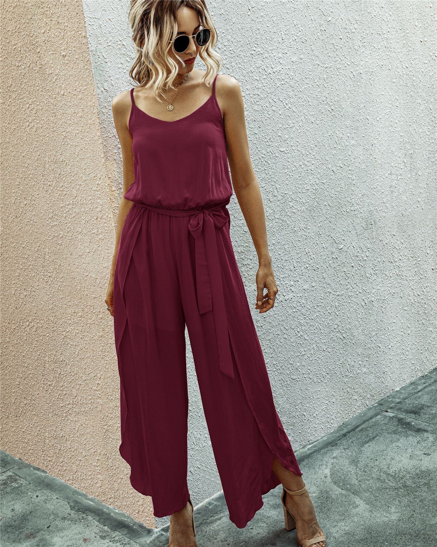 V-neck Suspender Irregular Wide Leg Side Jumpsuit