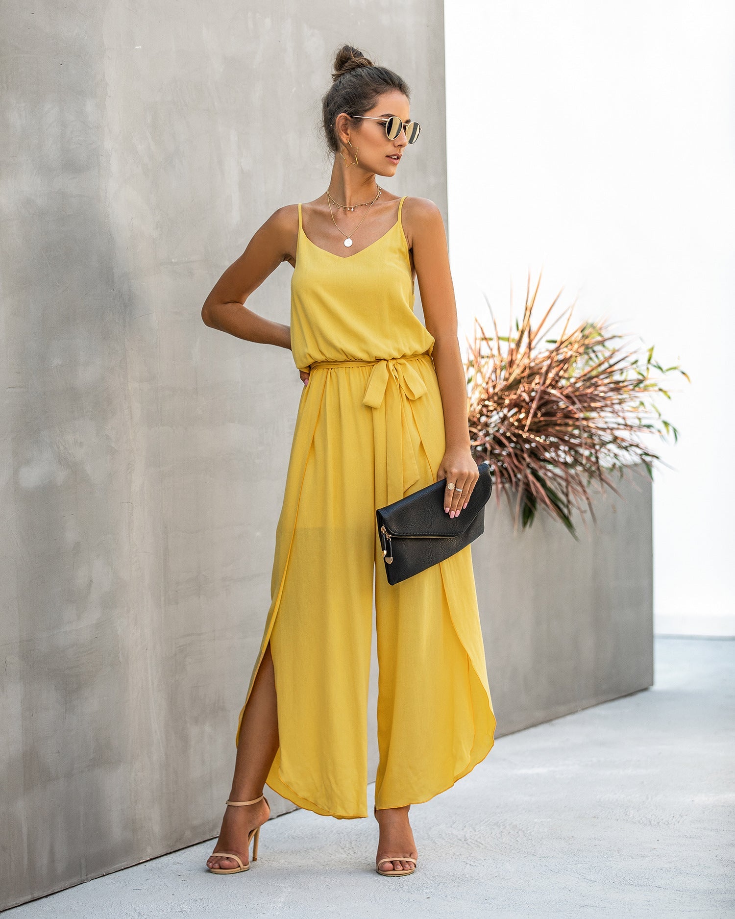 V-neck Suspender Irregular Wide Leg Side Jumpsuit