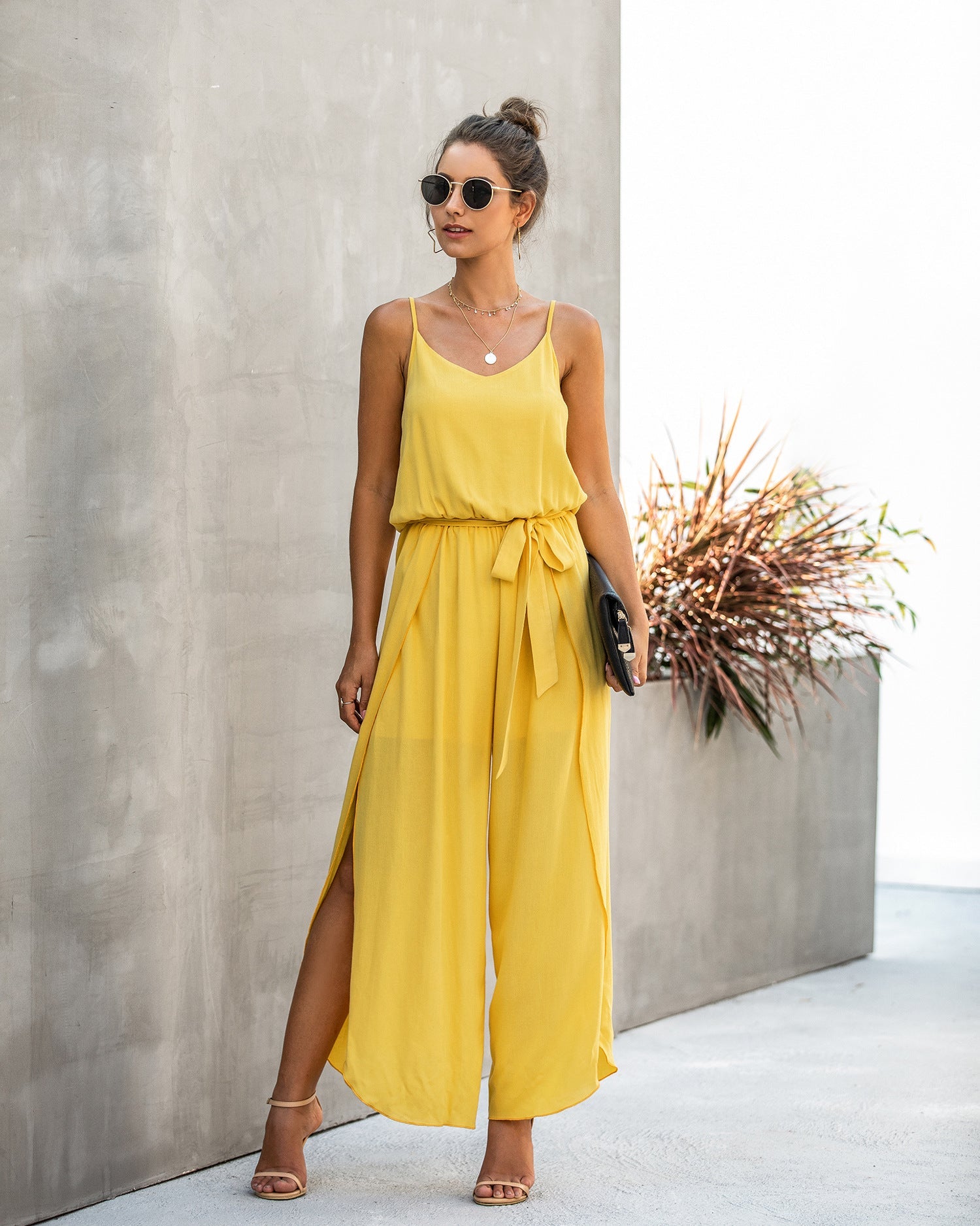 V-neck Suspender Irregular Wide Leg Side Jumpsuit