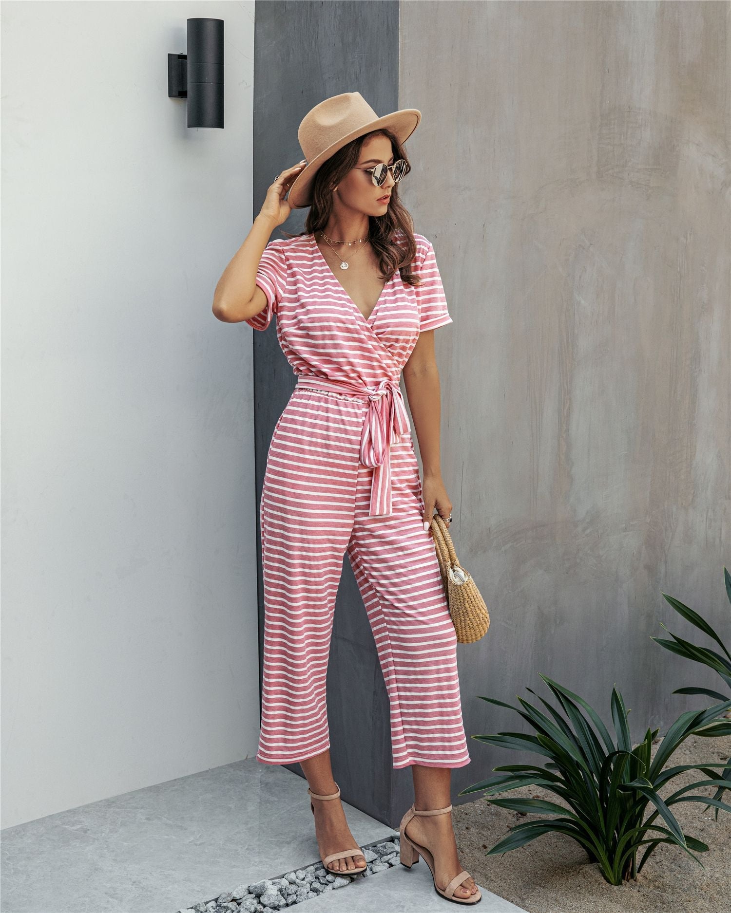 Stripe Print Tie Waisted Pocket Jumpsuit