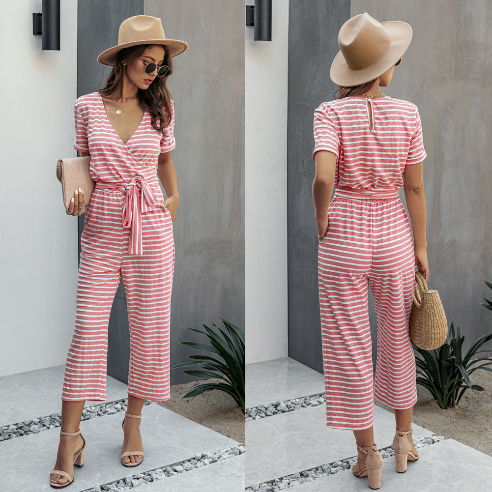 Stripe Print Tie Waisted Pocket Jumpsuit