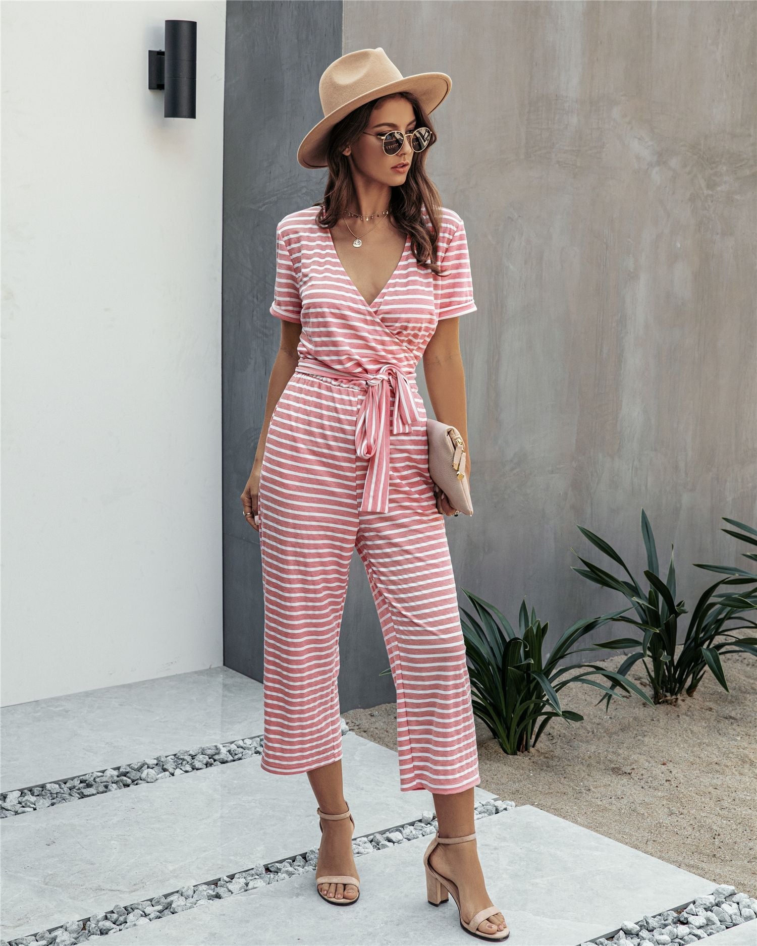 Stripe Print Tie Waisted Pocket Jumpsuit