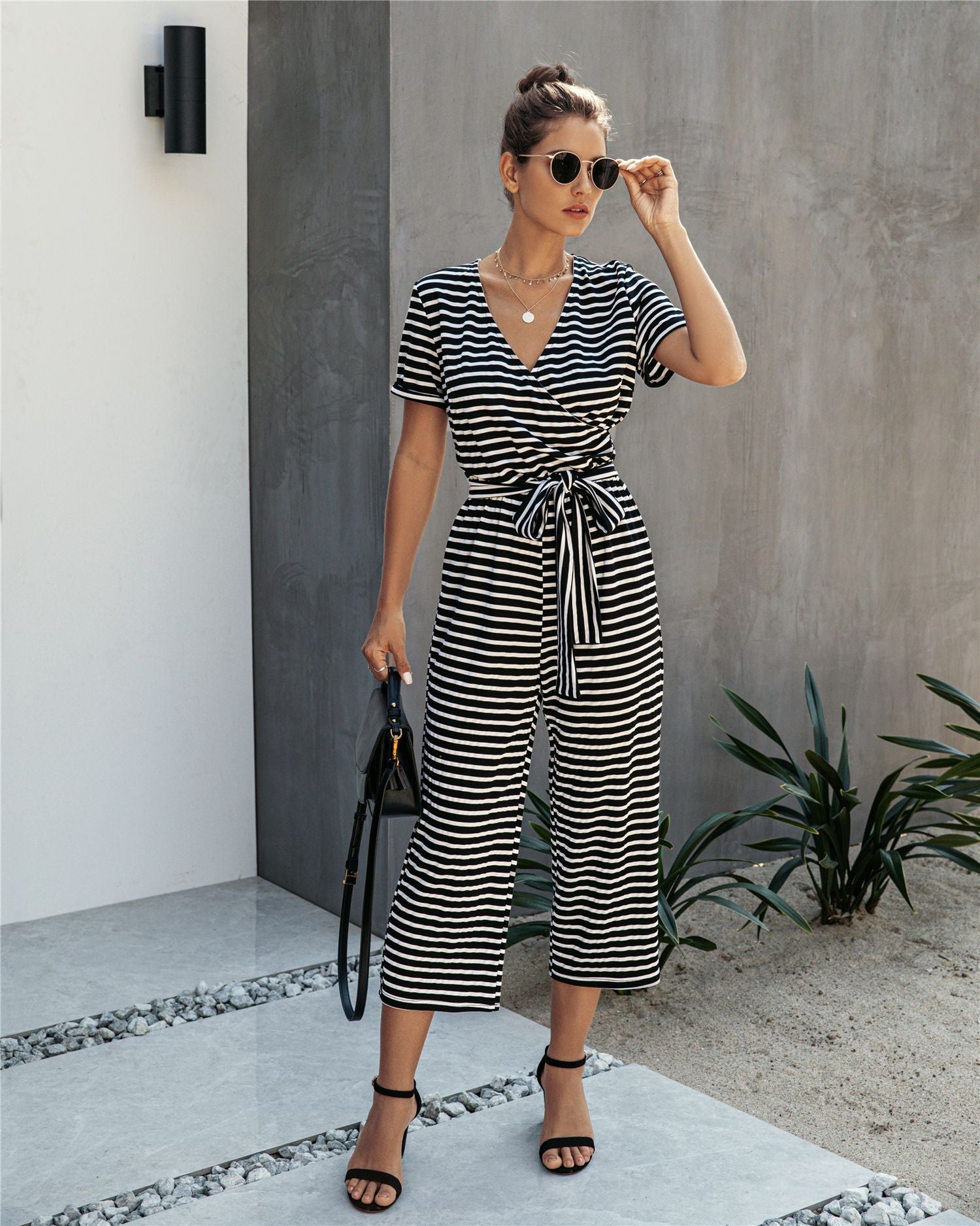 Stripe Print Tie Waisted Pocket Jumpsuit