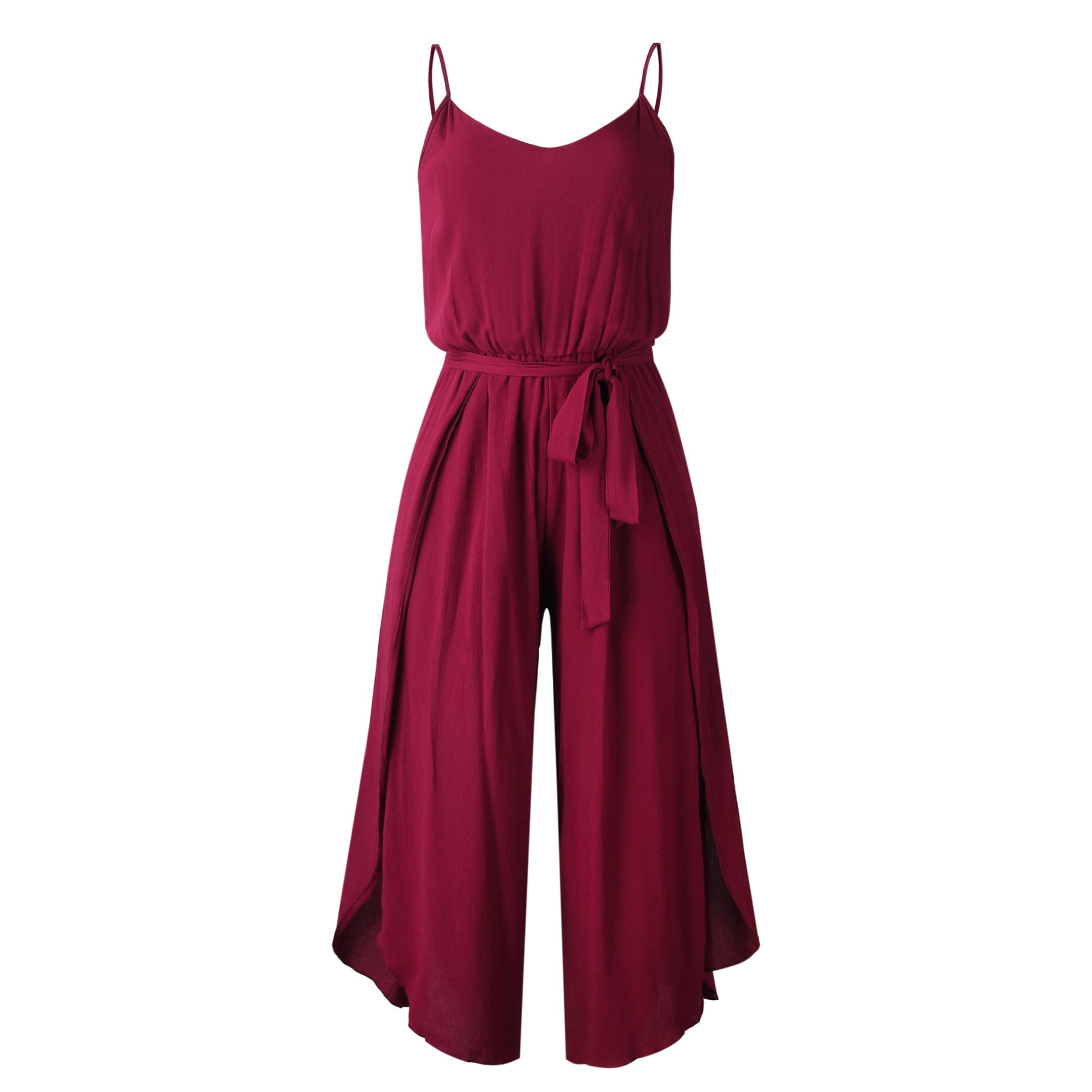 V-neck Suspender Irregular Wide Leg Side Jumpsuit