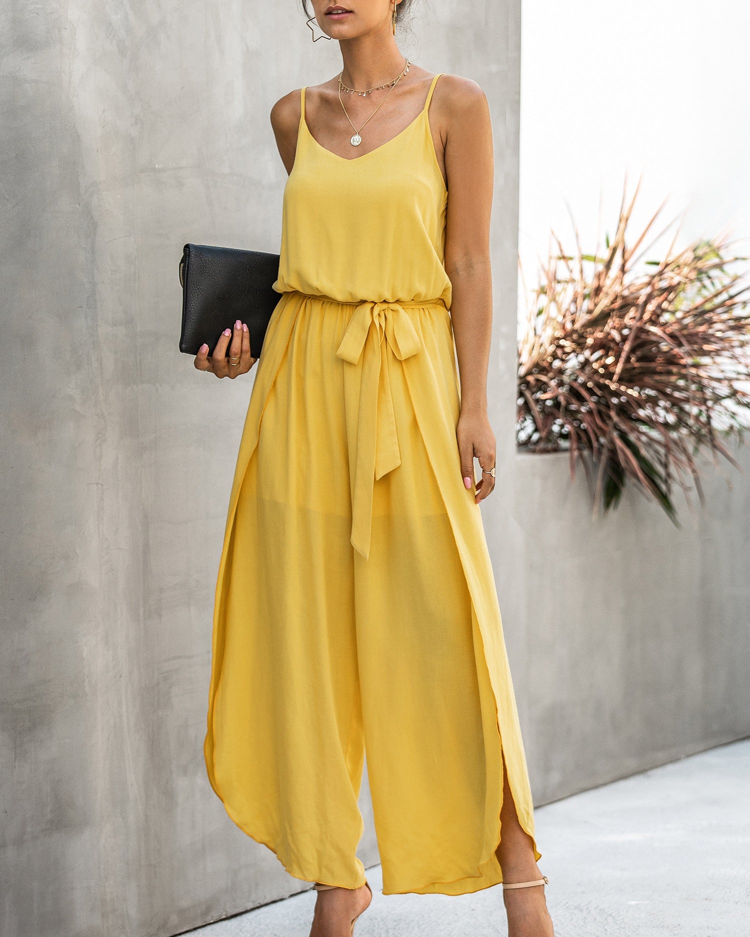 V-neck Suspender Irregular Wide Leg Side Jumpsuit